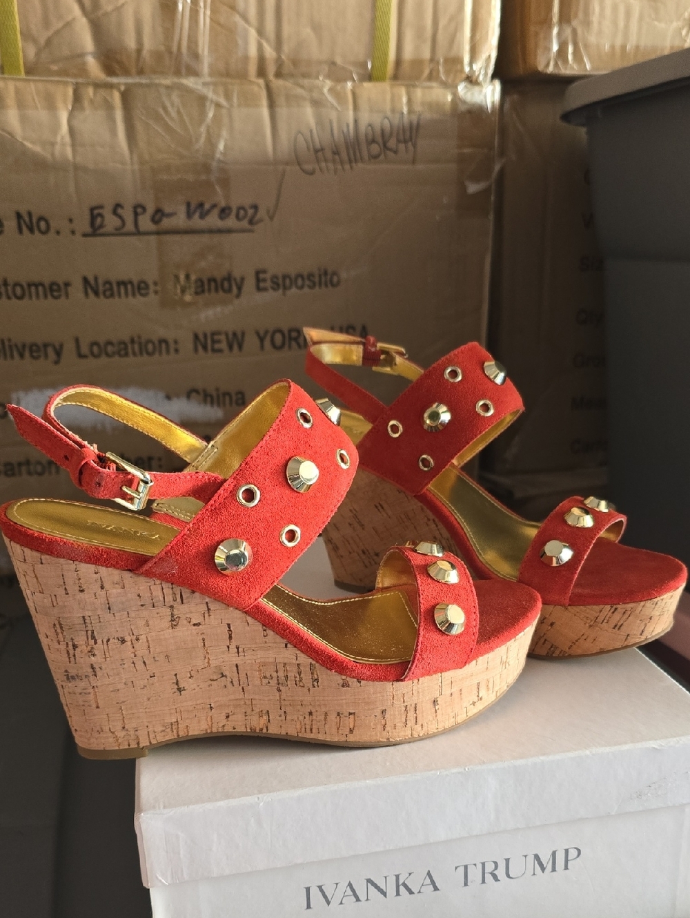 Ivanka Trump Women's Red Orange Gold Stud Cork Wedge Sandals, New!